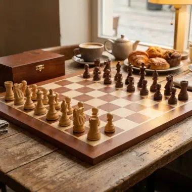 Ensemble French Knight Echiquier en Bois d'Acajou et Erable, Jeu d'Echecs en Bois de Rose Doré et Buis & Coffret de Rangement en Bois de Bouleau