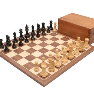 Ensemble Competition Echiquier en Bois de Noyer et d'Erable, Jeu d'Echecs en Bois de Buis & Coffret de Rangement en Bois de Rose Doré
