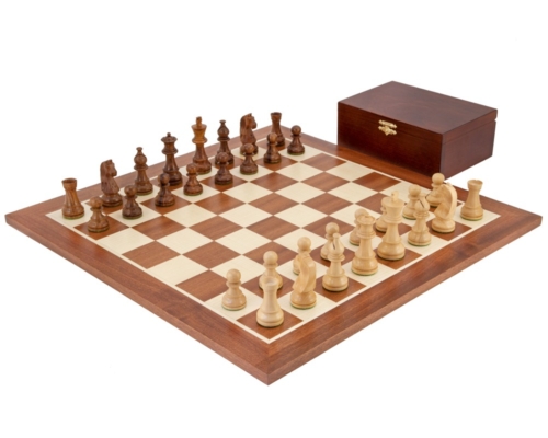 Ensemble Grand Championship Echiquier en Bois d&rsquo;Erable et Acajou, Jeu d&rsquo;Echecs en Bois de Rose & Coffret de Rangement en Bois de Bouleau