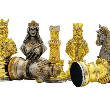 Alternative view of Ensemble Buste Médieval Haut de Gamme Echiquier en Bois d'Orme et de Bruyère & Jeu d'Echecs en Etain Massif Plaqué Or et Argent