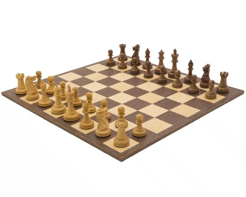 Ensemble Commandement complet avec pièces en bois de rose sur échiquier pliable noyer et érable