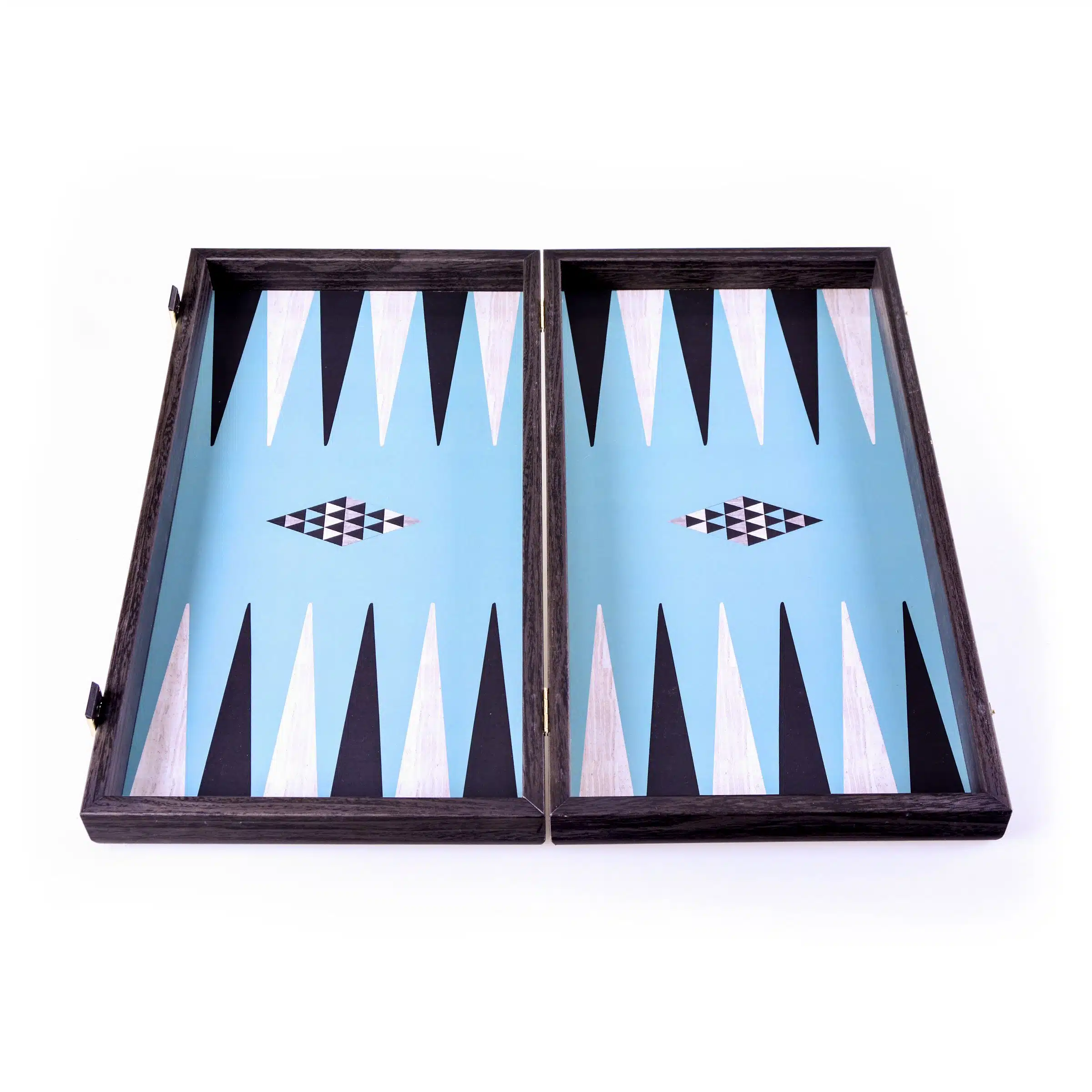 Backgammon Géométrique Créatif ouvert, plateau bleu et motifs triangulaires noir et blanc