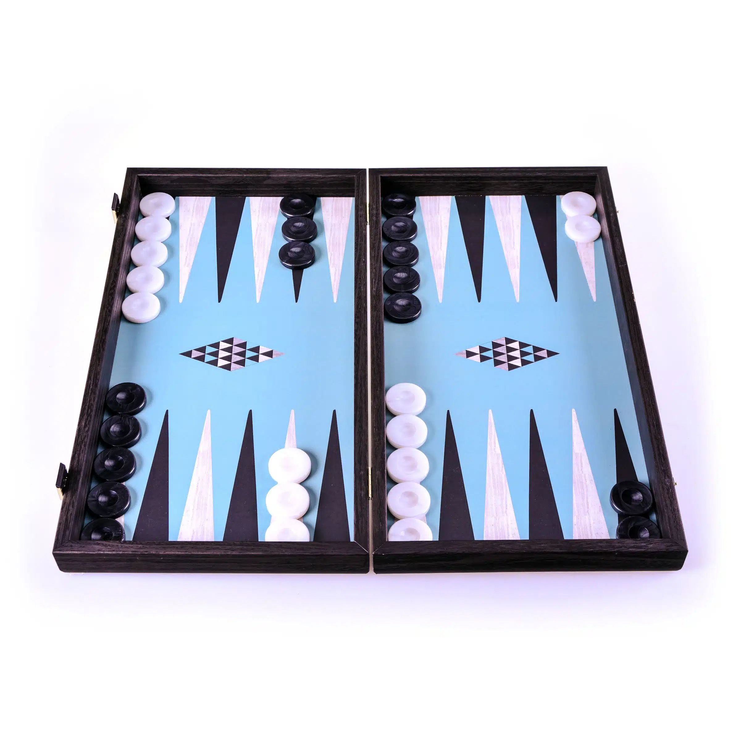 Backgammon Géométrique Créatif avec pions noirs et blancs disposés sur le plateau
