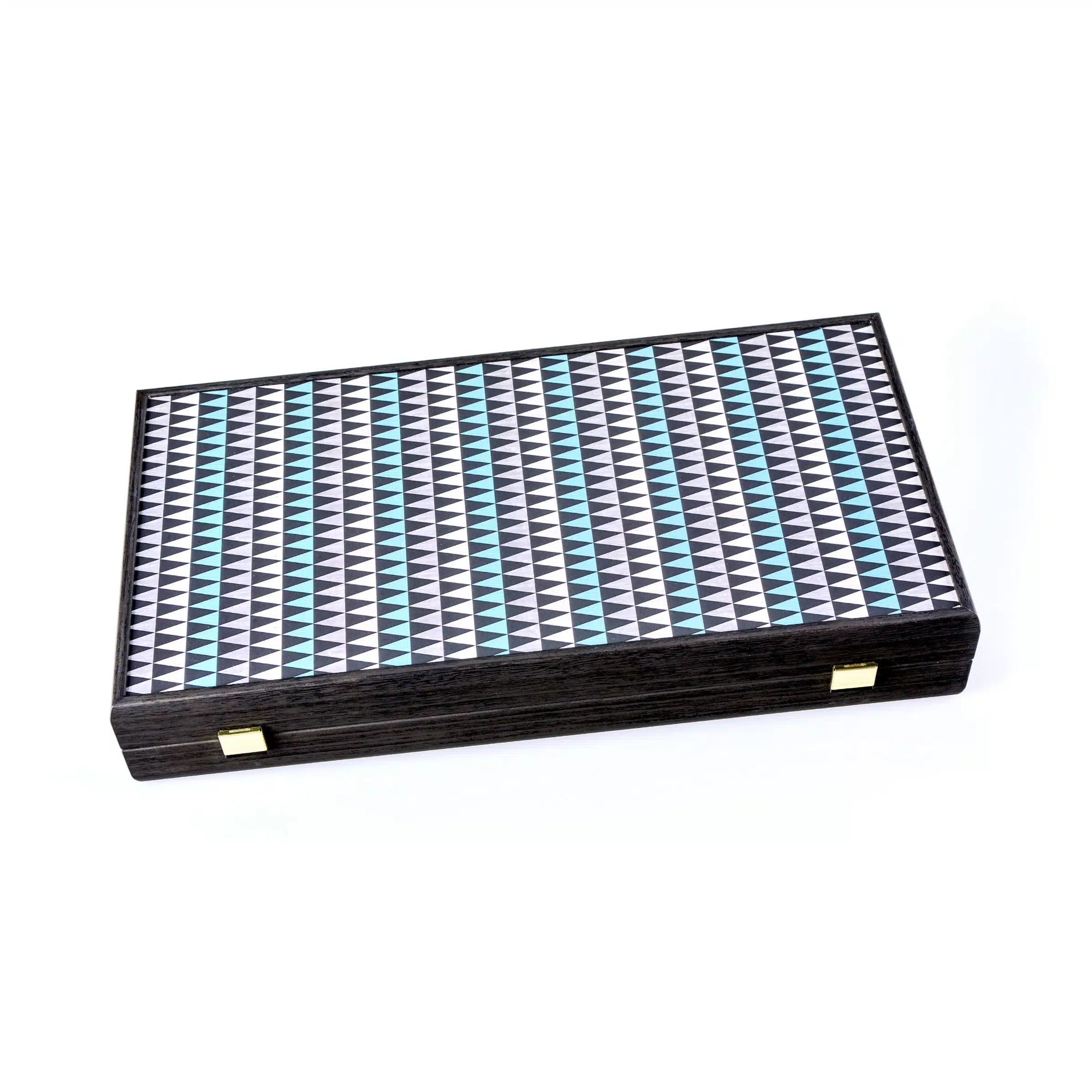 Coffret de rangement fermé du Backgammon Géométrique Créatif avec motif triangulaire bleu, gris et blanc