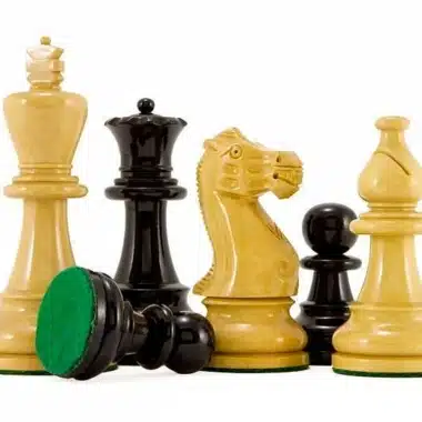 Roi, dame, cavalier, fou et pions présentés devant l'échiquier avec socle feutré