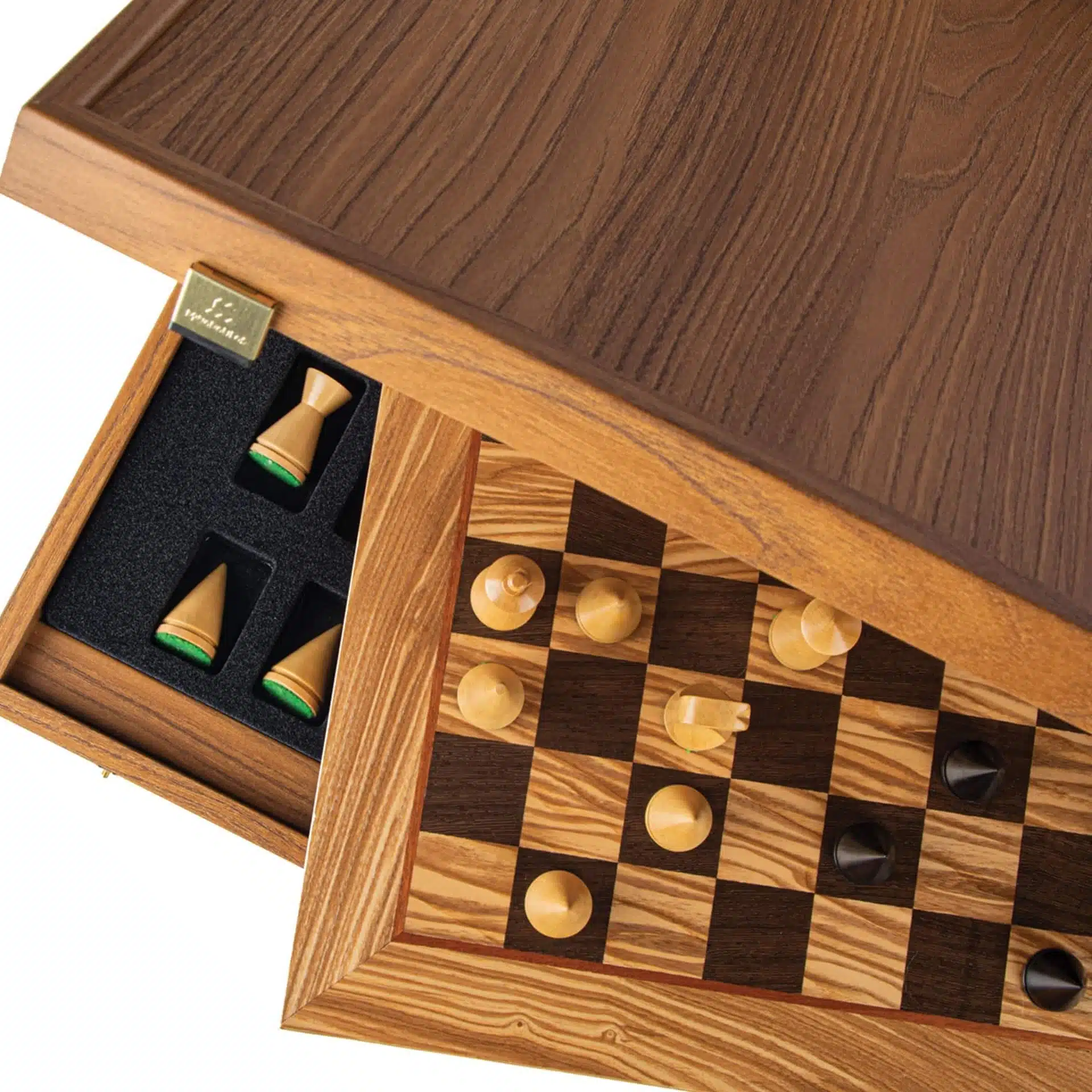 Jeu d'Echecs Moderne en Bois de Rose et Echiquier en Loupe d'Olivier avec Rangement – Image 4
