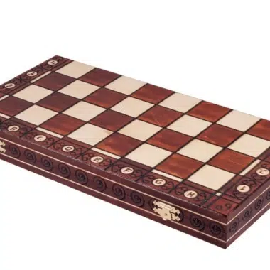 Échiquier pliant en bois fermé en coffret, vue d'ensemble ouvert avec case marquée