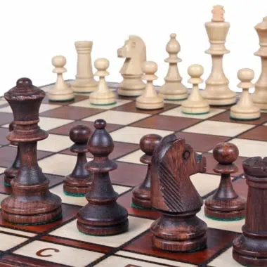 Gros plan sur les pièces d'échecs en bois foncé alignées sur l'échiquier
