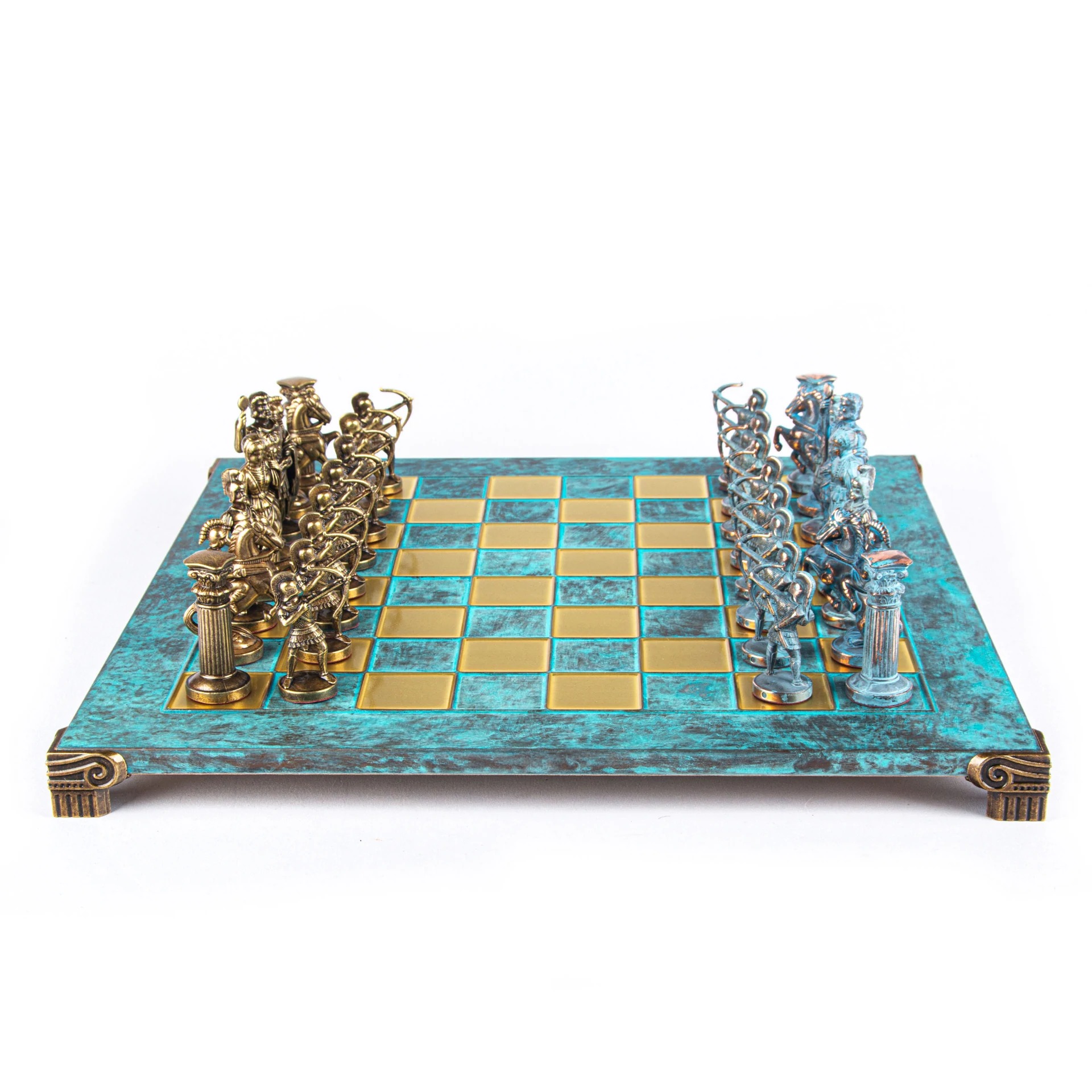 Ensemble de Jeu d'Échecs Archers et Batailles Historiques – Pièces en Métal Bronze & Patine Bleue – Image 12