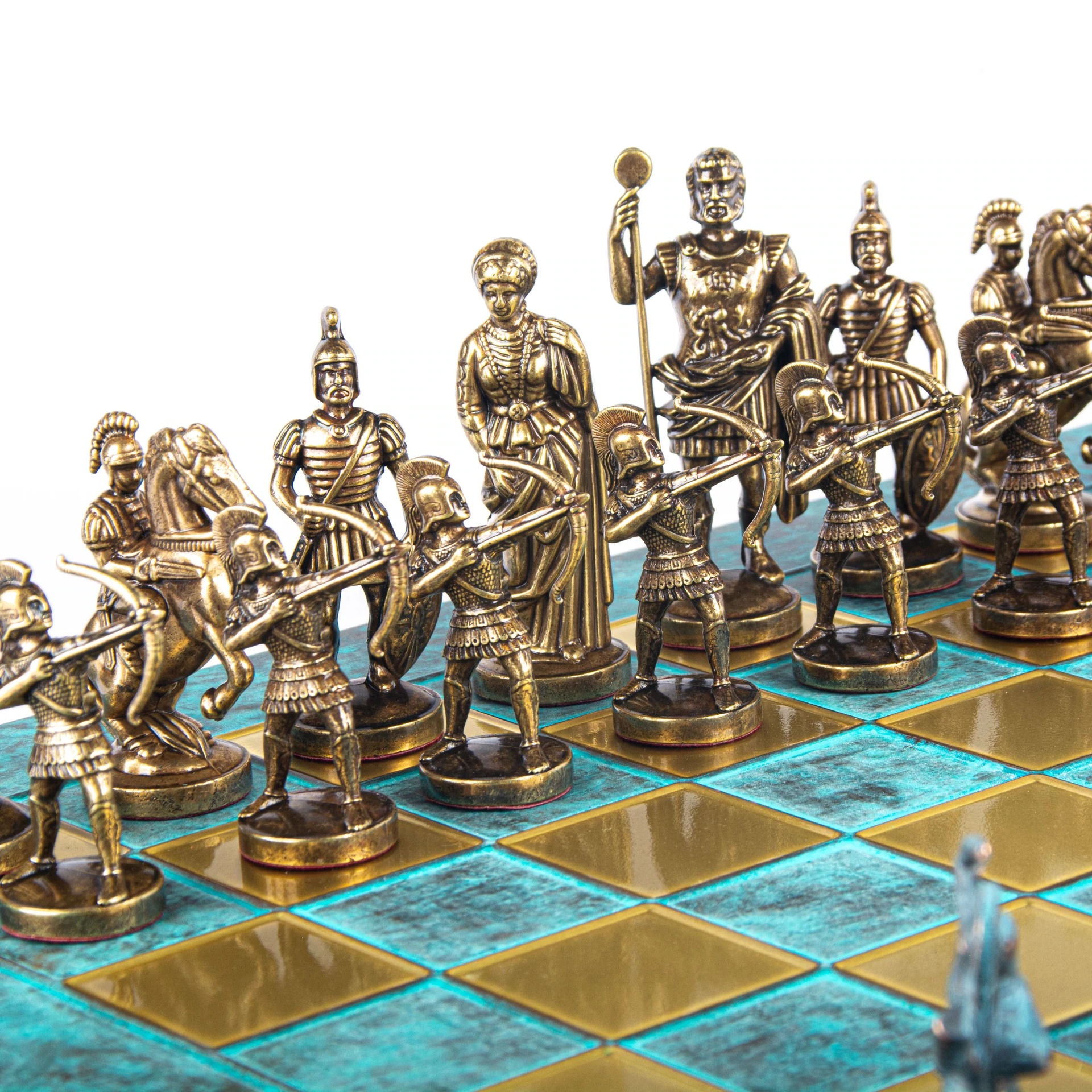 Ensemble de Jeu d'Échecs Archers et Batailles Historiques – Pièces en Métal Bronze & Patine Bleue – Image 16