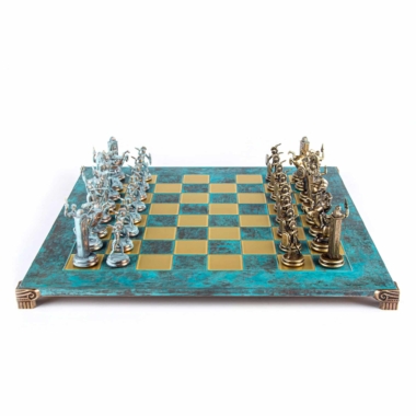 Alternative view of Ensemble de Jeu d'Echecs de la Mythologie Grecque – Pièces en Métal Bleu et Bronze