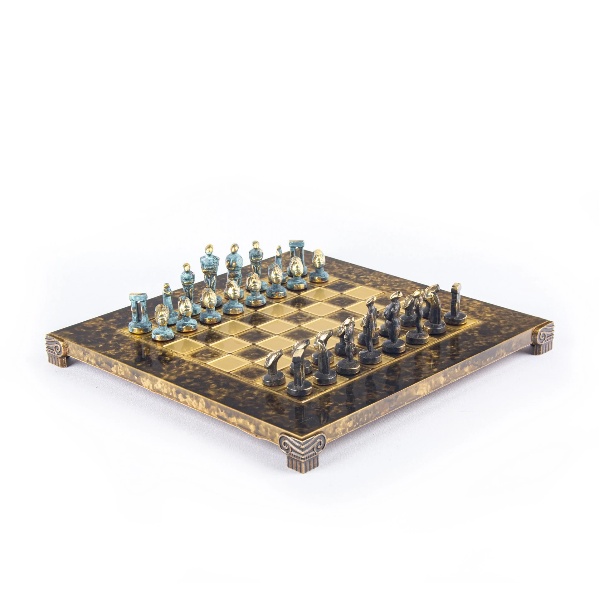 Petit Jeu d'échecs Art Cycladique en Laiton Bronze et Bleu – Échiquier Métal et Coffret Bois Laminé – Image 7