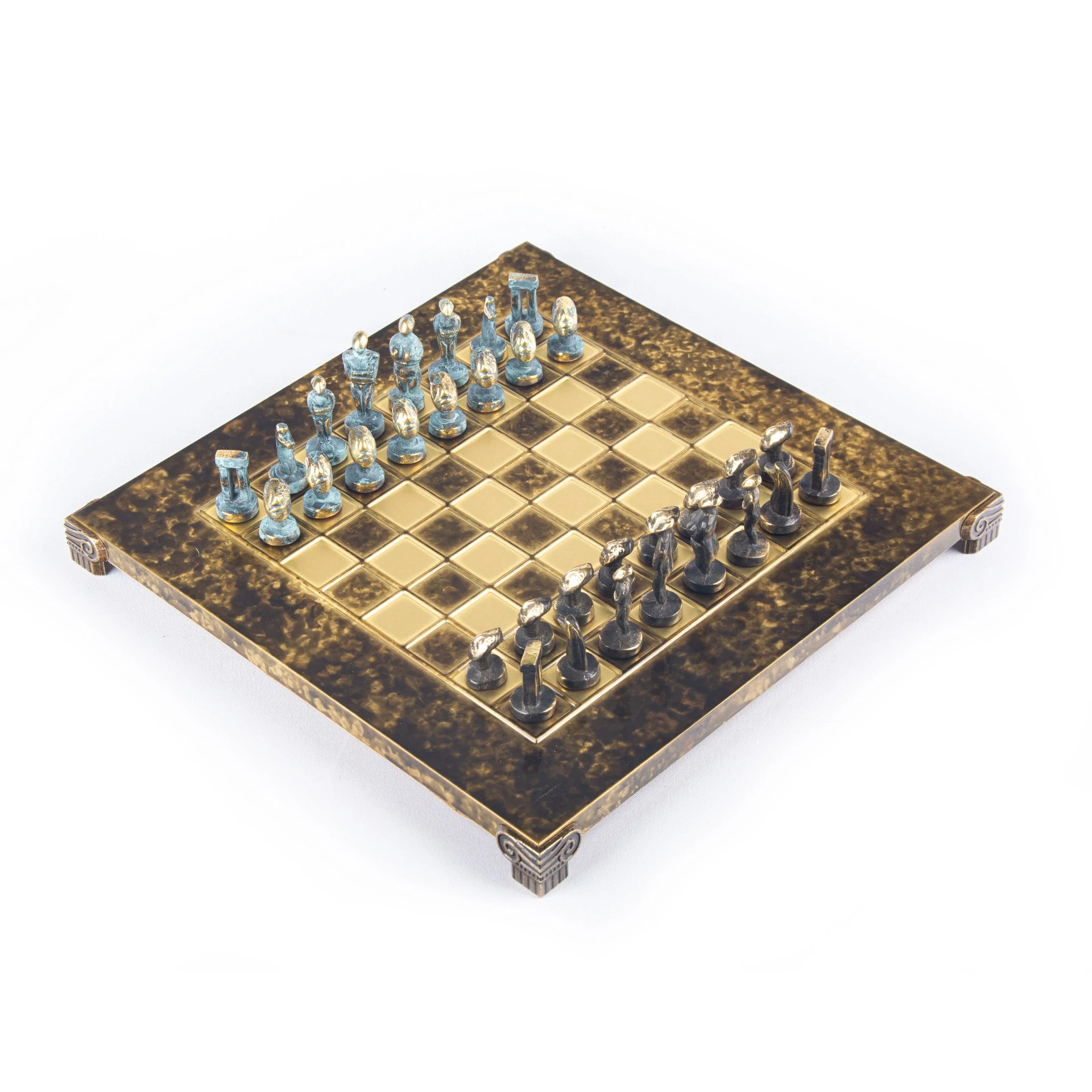 Petit Jeu d'échecs Art Cycladique en Laiton Bronze et Bleu – Échiquier Métal et Coffret Bois Laminé – Image 8