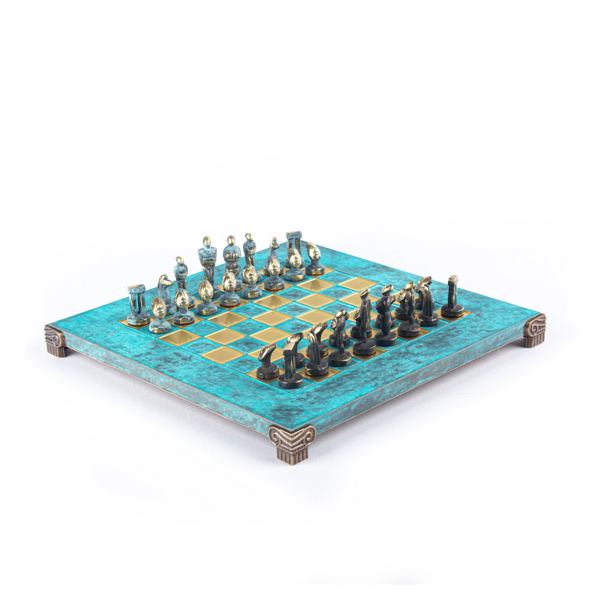 Petit Jeu d'échecs Art Cycladique en Laiton Bronze et Bleu – Échiquier Métal et Coffret Bois Laminé – Image 14