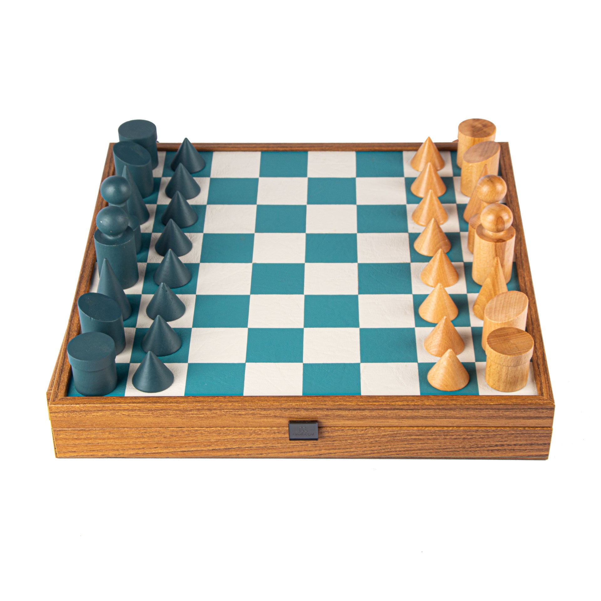 Ensemble de Jeu d'Échecs Style Bauhaus en Bois et Plateau Similicuir Bleu et Blanc avec Rangement – Image 5