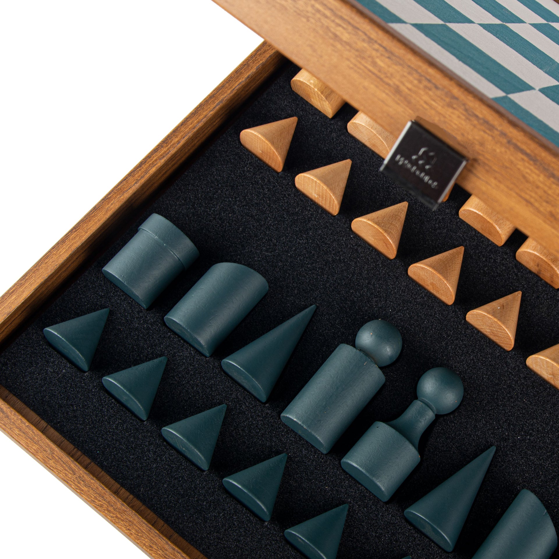Ensemble de Jeu d'Échecs Style Bauhaus en Bois et Plateau Similicuir Bleu et Blanc avec Rangement – Image 2