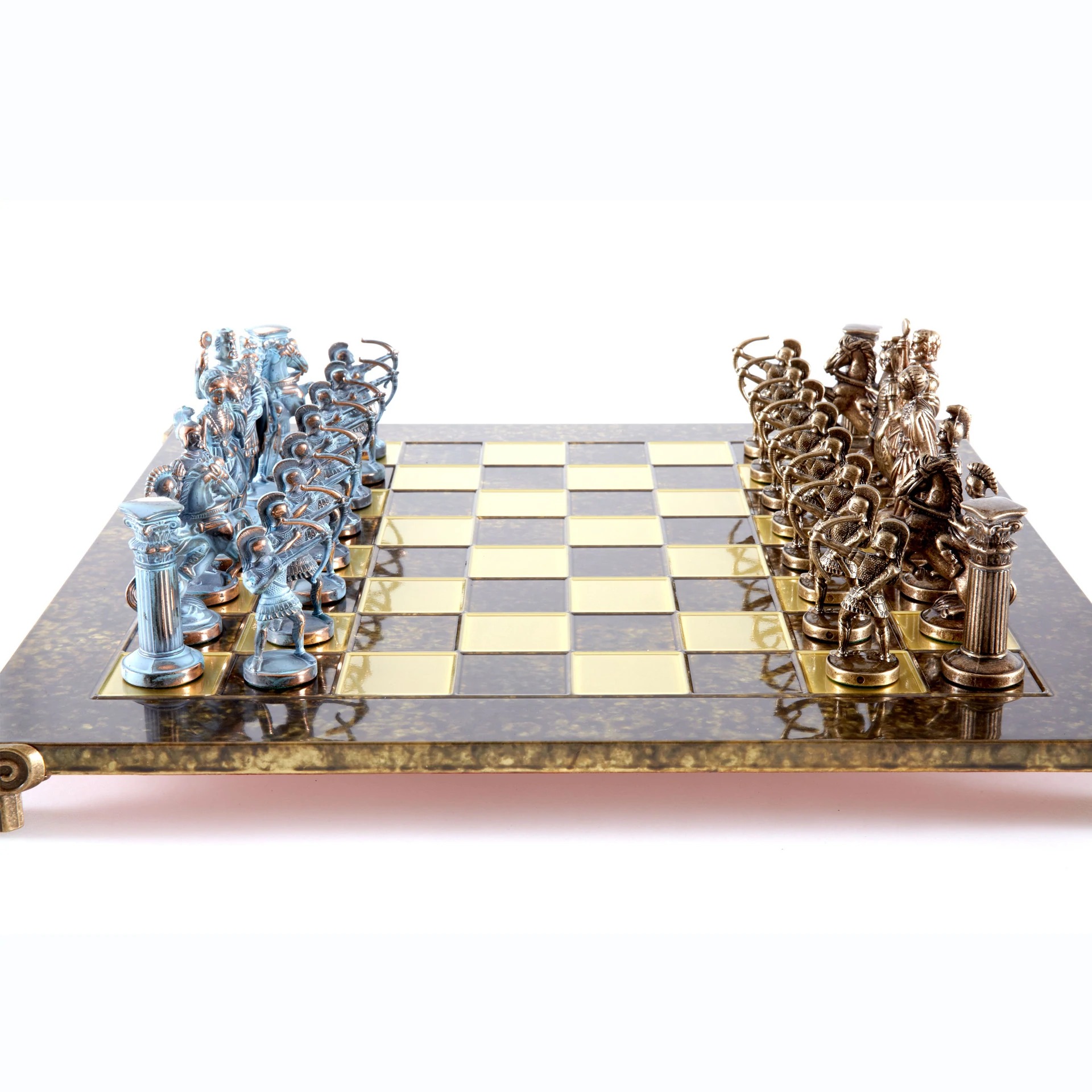 Ensemble de Jeu d'Échecs Archers et Batailles Historiques – Pièces en Métal Bronze & Patine Bleue – Image 3
