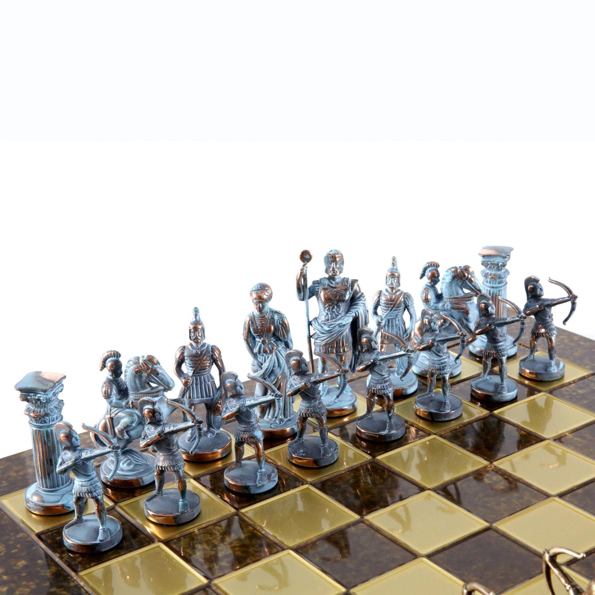 Ensemble de Jeu d'Échecs Archers et Batailles Historiques – Pièces en Métal Bronze & Patine Bleue – Image 5