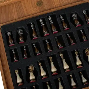Pièces d'échecs rangées dans leur coffret en mousse protectrice