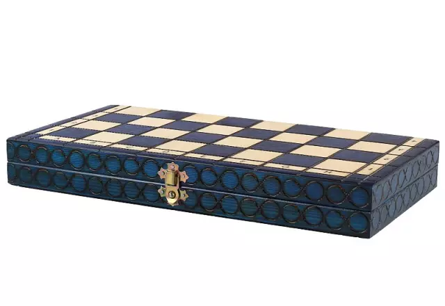 Jeu d'Echecs Pliable en Bois Bleu et Ivoire avec Rangement 34 x 34 cm