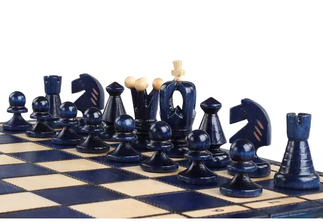 Jeu d'Echecs Pliable en Bois Bleu et Ivoire avec Rangement 34 x 34 cm