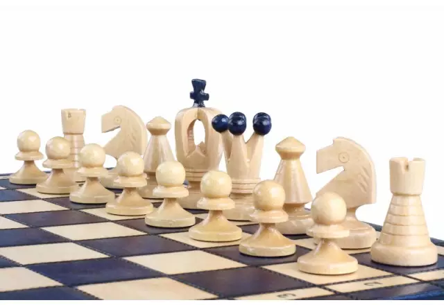 Jeu d'Echecs Pliable en Bois Bleu et Ivoire avec Rangement 34 x 34 cm