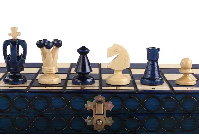 Jeu d'Echecs Pliable en Bois Bleu et Ivoire avec Rangement 34 x 34 cm