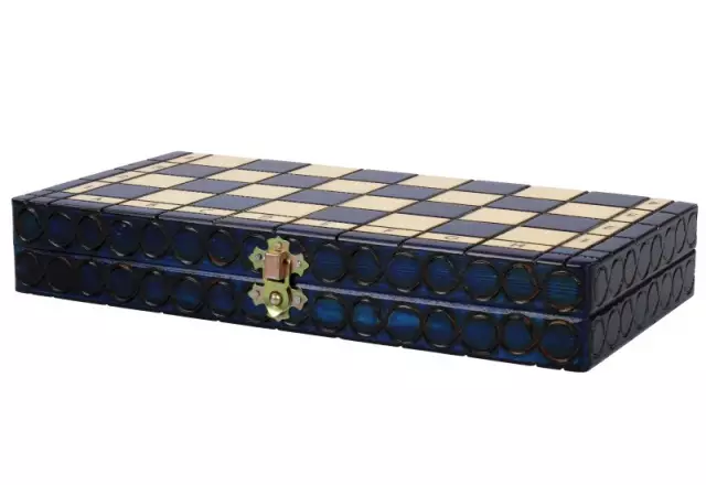 Petit Jeu d’Echecs en Bois Royal Bleu et Ivoire Pliant 30 x 30 cm