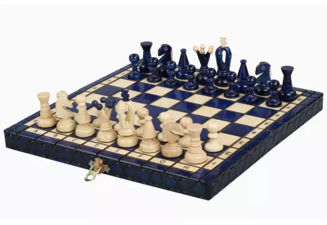Petit Jeu d’Echecs en Bois Royal Bleu et Ivoire Pliant 30 x 30 cm