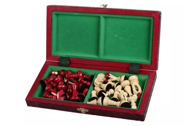 Petit Ensemble de Jeu d’Echecs Rouge et Ivoire Pliable en Bois
