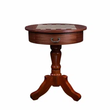 Table d'échecs ronde en acajou avec pied central sculpté et tiroir