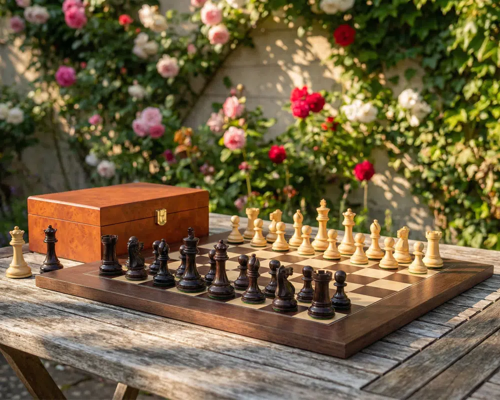 Détail des pièces noires du jeu d'échecs Windsor en bois - Le Palais Des Echecs