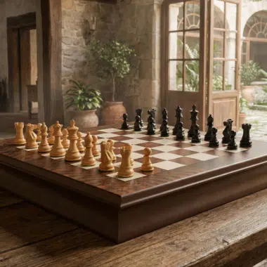 Jeu d'échecs Kingsclere ébène et noyer placé dans un cadre élégant