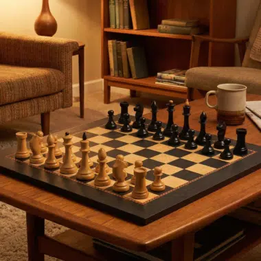 Jeu d'échecs installé sur une table dans un salon chaleureux avec des fauteuils