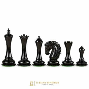 Détails élégants des pièces d'Échecs Empire Ébène 4,25" entièrement noires - Le Palais Des Echecs